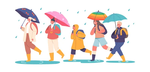 快乐的孩子们走在雨伞下 穿着保暖衣服的小男孩和女孩们背着背包在雨天里走到学校 卡通人物矢量图解 — 图库矢量图片