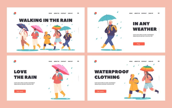 Happy Kids Walk Umbrella Landing Page Template Set Kleine Jongens — Stockvector