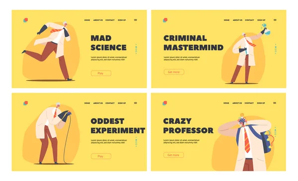 Crazy Professor Landing Page Template Set Velho Engraçado Cientista Homem — Vetor de Stock