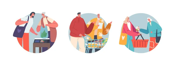 Giovani Aiutano Personaggi Anziani Fare Shopping Nel Supermercato Isolated Icons — Vettoriale Stock