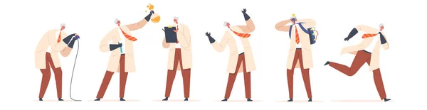 一组疯狂的教授穿着实验室服装和橡胶手套 坚果博士人物跑 行为实验 邪恶的笑 写笔记和爆炸 老有趣的科学家 卡通矢量图解 — 图库矢量图片