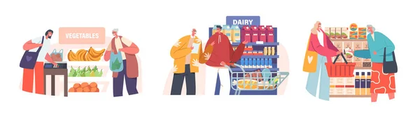 Set Young People Help Elderly Characters Shopping Grocery Store Des — Image vectorielle