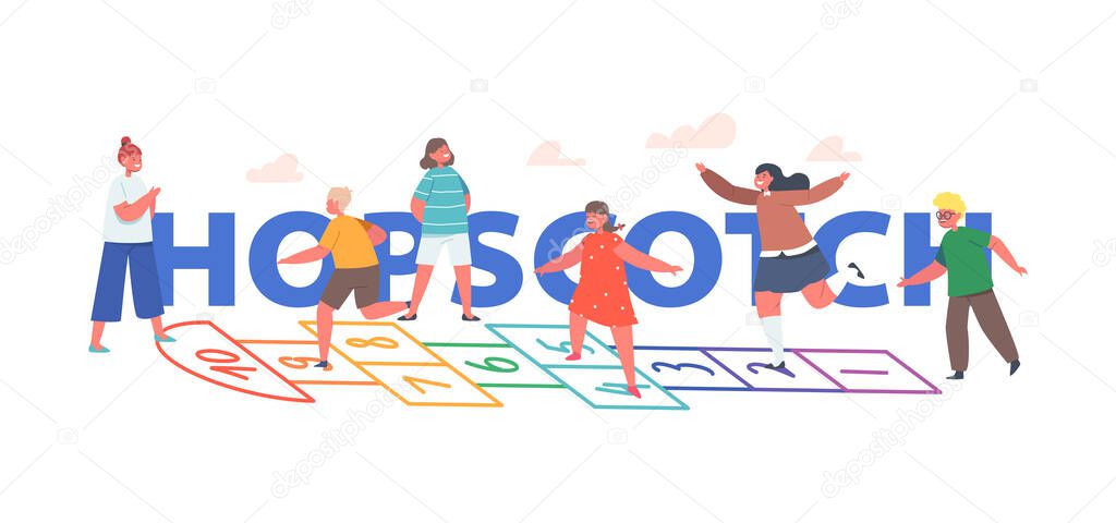 Hopscotch Concept. Children Boys and Girls Characters Play Hopscotch Game at House Yard. Happy Kids Summer Vacation Activity Poster, Banner or Flyer. Cartoon People Vector Illustration