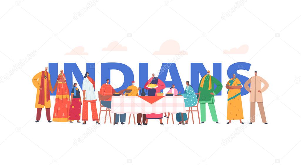 Indians Traditions Concept. Indian Family Wear National Clothes, Young Smiling Male and Female Characters Parents, Grandparents and Kids Poster, Banner or Flyer. Cartoon People Vector Illustration