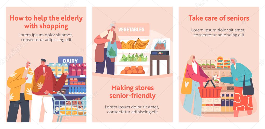 Banners with Young People Help Elderly Characters Shopping in Grocery Store. Kind Selfless Volunteers Support Pensioners, Assist Aged Men and Women to Buy Products in Shop. Cartoon Vector Posters