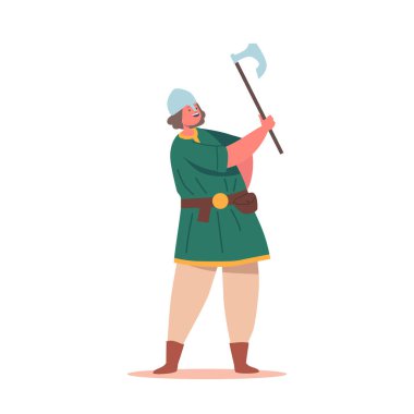 Viking Çocuk, İskandinav Efsaneleri 'nin kişiliği. Kıvırcık saçlı İskandinav Savaşçı Bebek Karakteri, Antika Elbise Giyiyor, Beyaz Arkaplanda Zırhlı Balta Tutuyor. Çizgi film Vektör İllüstrasyonu