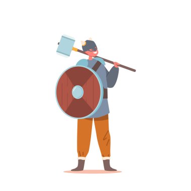 Viking Takım Elbiseli Çocuk, İskandinav Savaşçı Çocuk Karakteri Boynuzlu Miğfer Takıyor Tahta Kalkan ve Çekiç Beyaz Arkaplan 'da tecrit edildi. İskandinav Efsanelerinin Kişiliği. Çizgi film Vektör İllüstrasyonu