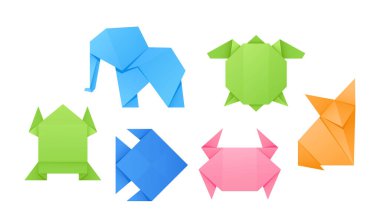 Origami Hayvanlar, Fil, Kaplumbağa, Yengeç, Kurbağa Kağıdı, Katlanmış El Yapımı Çocuk Eğitimi veya Eğlence Karakterleri Beyazlar Arkasında İzole Edildi. Çizgi film Vektör İllüstrasyonu