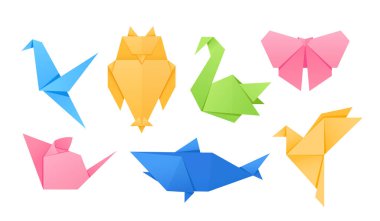 Beyaz Arkaplanda Origami Hayvanlar ve Kuşlar, Turna, Baykuş, Kuğu ve Kelebek, Fare, Köpekbalığı ve Kolibri takımları izole edildi. Kağıt Katlanmış Çocuk Eğlencesi için El Yapımı Karakterler. Çizgi film Vektör İllüstrasyonu