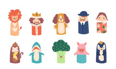 Parmak Kuklaları Komik Hayvanlar Aslanı, Maymun, Köpek ve Domuz Köpekbalığı ve Penguen. Kral, Brokoli, Kız ve Erkek, Bebek Tiyatrosu El Oyuncakları, Gösteri veya Peri Masalı Karakterleri. Çizgi film Vektör İllüstrasyonu