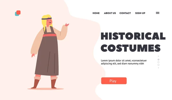 Modello Pagina Atterraggio Costumi Storici Bambina Indossare Antico Vestito Scandinavo — Vettoriale Stock