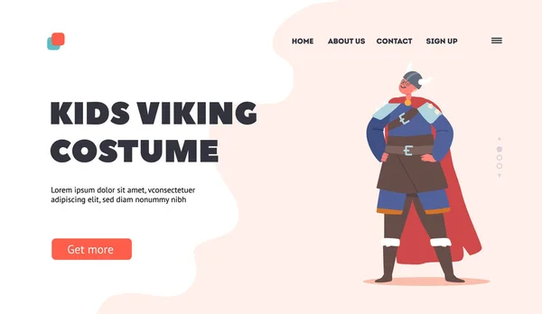 Bambini Viking Costume Landing Page Template Boy Character Indossa Casco — Vettoriale Stock