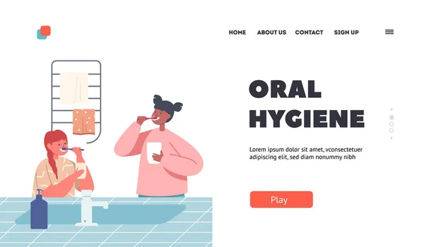 Templat Laman Pendaratan Higienitas Oral Kids Brushing Teeth Happy Sisters - Stok Vektor