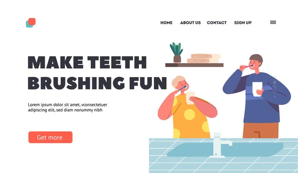 Maak Tanden Borstelen Fun Landing Page Template Kinderen Morning Routine — Stockvector