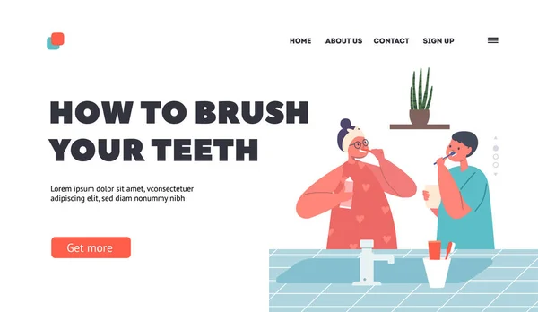 Wie Man Zähne Putzt Landing Page Template Kinder Charaktere Hygiene — Stockvektor