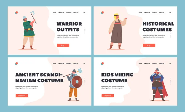 Niños Trajes Vikingos Set Plantillas Página Aterrizaje Los Niños Pequeños — Archivo Imágenes Vectoriales