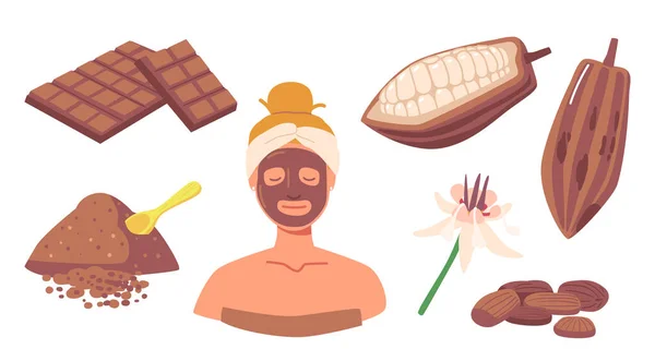 Set Produzione Cioccolato Cacao Fagioli Polvere Fiori Donna Rilassarsi Con — Vettoriale Stock