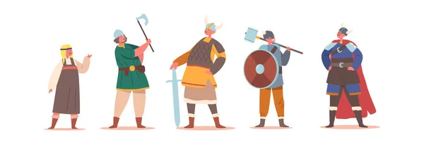 バイキングの衣装を着た子供たち 小さな男の子と女の子キャラクターアンティークスーツを身に着けていますアーマー剣 ハンマー シールドと斧中世北欧兵士 バーバリアン 漫画人ベクトルイラスト — ストックベクタ