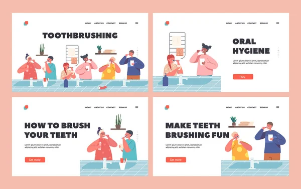 Kids Toothbrushing Landing Page Template Set Kartáčové Zuby Dětská Zubní — Stockový vektor