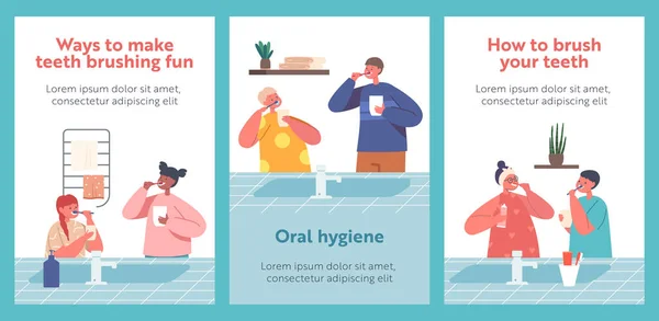 Oral Hygiene Bathroom Cartoon Banners Happy Kids Characters Brush Teeth — Stock Vector
