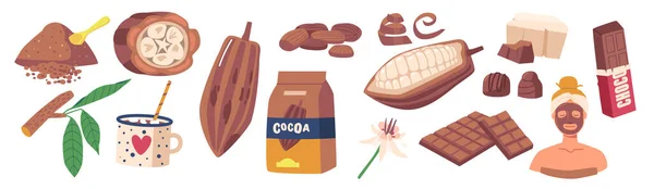 Set Schokolade Und Kakaobohnen Pulver Heißgetränk Und Kosmetikmaske Süßigkeiten Getränke — Stockvektor