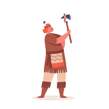 Ulusal Kostümlü Amerikan Kawaii Çocuğu elinde balta tutuyor. Yerel Giysi Oynama Oyunu 'nda Çocuk Karakteri ya da Beyaz Arkaplanda İzole Edilen Gösteri. Çizgi film İnsanları Vektör İllüstrasyonu