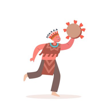 Ulusal Kostümlü Amerikalı Kızılderili Kawaii Çocuk ve El Gösterisinde Tef. Beyaz Arkaplanda İzole Edilmiş Yerli Elbiseli Çocuk Karakteri. Çizgi film İnsanları Vektör İllüstrasyonu