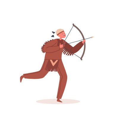 Okçuluk ve yayla oynayan Kızılderili çocuk. Yerli Amerikan Ulusal Kostümlü Çocuk. Beyaz Arkaplanda İzole Edilmiş Geleneksel Amerika Giysisi Karakteri. Çizgi film İnsanları Vektör İllüstrasyonu