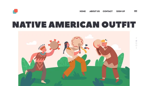 Plantilla Landing Page Atuendo Nativo Americano Personajes Para Niños Actividades — Vector de stock