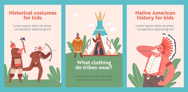 Kids Native Indian Costume Cartoon Banners Personajes Jugando Los Indios — Vector de stock