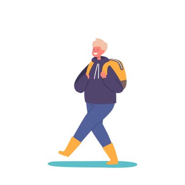 Şemsiyesiz Küçük Çocuk Rainy Weather 'da Okula Yürüyor. Kauçuk Çizmeli Çocuk Sırt Çantası ile Geziyor Yazan Puddles, Gülümseyen Çocuk Karakteri Sonbahar sezonunda. Çizgi film İnsanları Vektör İllüstrasyonu