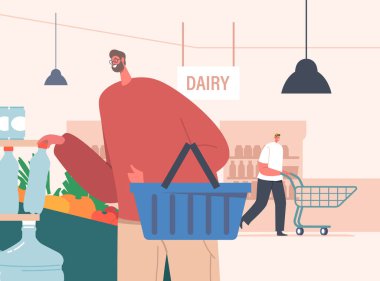 Man Ziyaret Süpermarketi ya da Market, Müşteri Karakteri Farklı Ürün ve Yiyecek Tipleriyle Dükkan Rafında Ürün Seçip Alışveriş Arabasına Koyuyor. Çizgi film İnsanları Vektör İllüstrasyonu