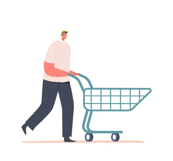 Homem Com Carrinho Compras Caminhando Para Comprar Alimentos Produtos Supermercado — Vetor de Stock