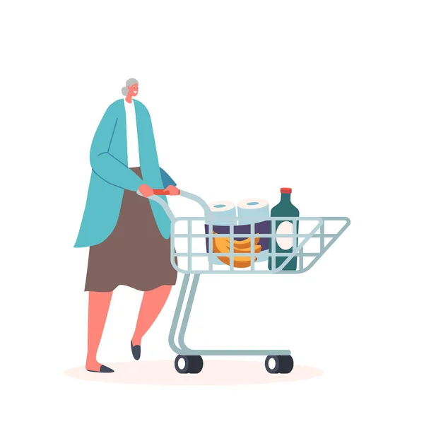 スーパーマーケットや食料品のショッピングカート 陽気な高齢者の女性キャラクター購入で製品と幸せなシニア女性の散歩 年齢買い手ショッピングルーチン 漫画人ベクトルイラスト — ストックベクタ