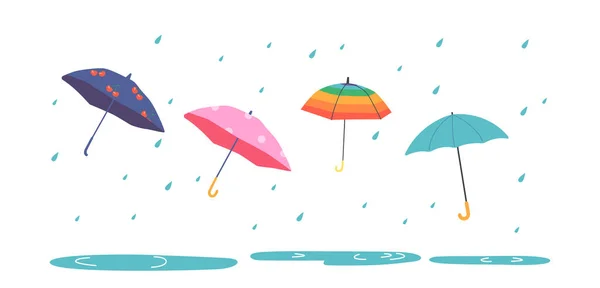 Set Aus Verschiedenen Regenschirmen Unter Regentropfen Niedliche Bunte Kindersonnenschirme Verschiedenen — Stockvektor