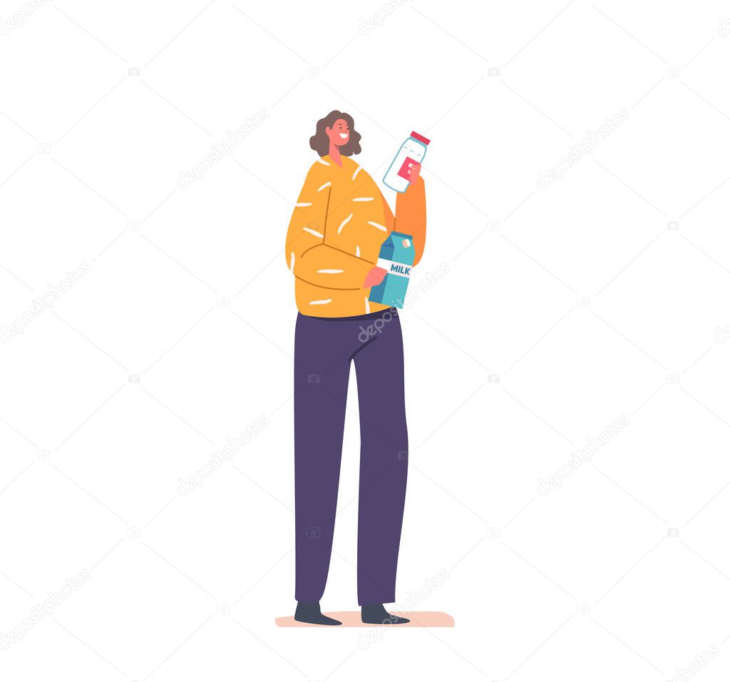 Happy Woman Holding Product Packages in Hands during Shopping to Grocery Store. Cheerful Female Character with Purchases. Buyer Choose Food at Sale or Discount. Cartoon People Vector Illustration