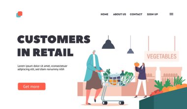 Perakende İniş Sayfa Şablonu 'ndaki müşteriler. Yaşlı ve Genç Kadın Satın Alma Ürünleri Mağazasını Ziyaret Ediyor. Marketteki Karakterler ya da Süpermarket Gıda Alma. Çizgi film Vektör İllüstrasyonu