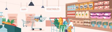 Marketin içinde rafları ve alışveriş arabaları olan bir süpermarket. Perakende, Ticaret ve Tüketim Konsepti. Mandıra ve Sebze Üretimli Dükkan Alanı. Çizgi film Vektör İllüstrasyonu