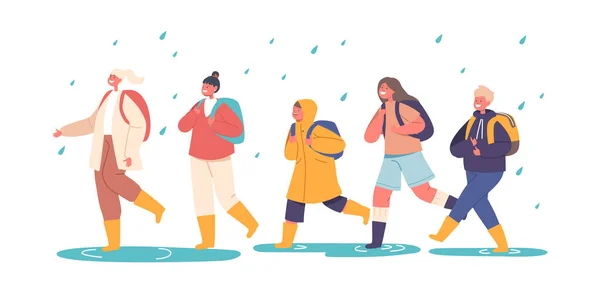 Happy Kids Walk Rain Umbrella Little Boys Girls Personajes Ropa — Archivo Imágenes Vectoriales