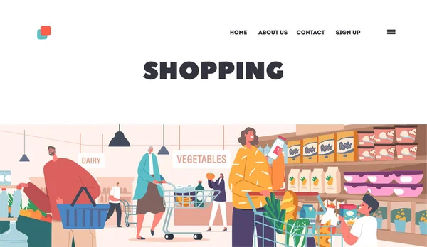 Shopping Landing Page Template Mensen Die Supermarkt Bezoeken Happy Man — Stockvector