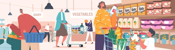 Les Gens Visitent Supermarché Happy Man Woman Choisir Des Produits — Image vectorielle