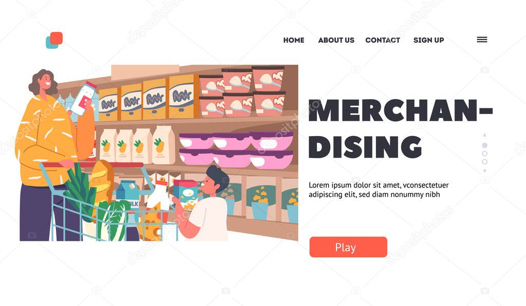 Merchandising Landing Page Template. Happy Mother with Little Son Making Purchases in Store, Woman Taking Products from Shelf. Family Buying Food in Supermarket. Cartoon People Vector Illustration