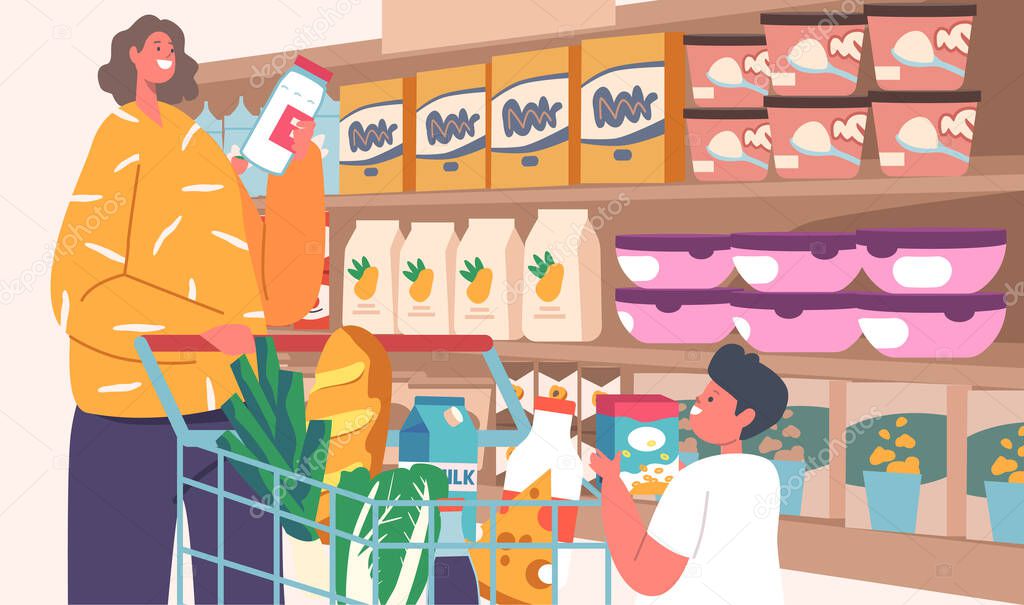 Happy Mother with Little Son Making Purchases in Store, Woman Taking Products from Shop Shelf Kid Stand near Shopping Trolley. Family Buying Food, People Visit Supermarket. Cartoon Vector Illustration