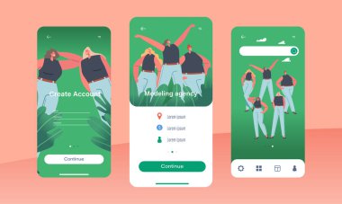 Mobil Mobil Uygulama Ajansı Ekran Şablonu. Oyuncu seçimi, moda ve güzellik anlayışı için çeşitli figür tipleri olan farklı kadın karakterler. Çizgi film İnsanları Vektör İllüstrasyonu