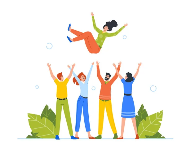 Happy People Toss Person Celebrating Success Group Positive Friends Colleagues — Stock Vector
