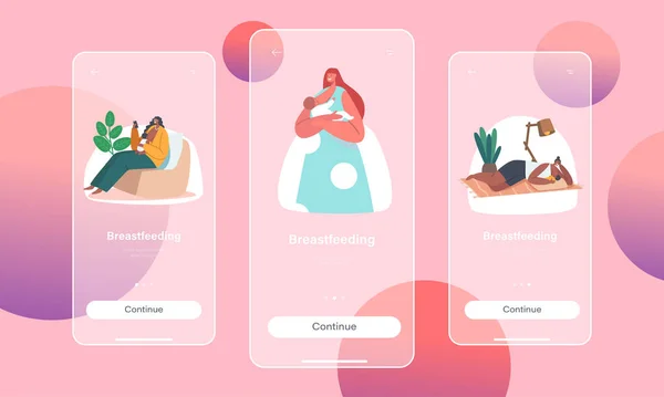 Emzirme Mobil Uygulama Sayfası Ekran Şablonu Kadın Karakterler Bebeği Memeli — Stok Vektör