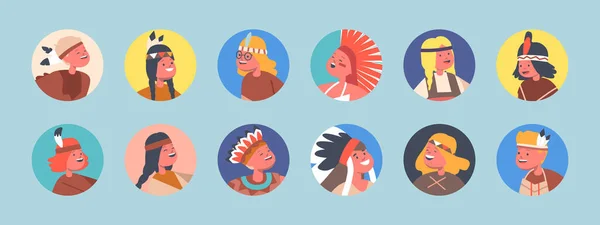 Indianische Indianer Figuren Isolierte Avatare Oder Runde Symbole Ureinwohner Kinder — Stockvektor