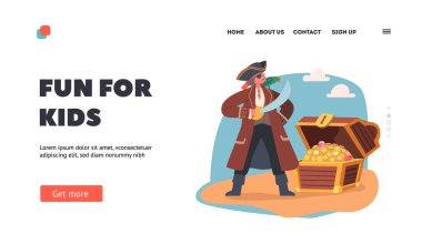 Çocuklar için eğlence sayfası şablonu. Çocuk Korsan Korsan Takımı, Göz bandı ve Gizli Ada 'da Kılıç, Picaroon Kostümünde Papağanlı Komik Gezgin Karakteri. Çizgi film İnsanları Vektör İllüstrasyonu