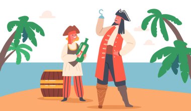 Çocuk Korsanlar Kaptan Kanca ve Denizci Gizli Ada 'da Oynuyor, Picaroon Kostümlü Komik Çocuklar, Rum Fıçısı Karakterleri ve Plajda Mesajlı Şişe. Çizgi film İnsanları Vektör İllüstrasyonu
