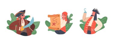 Çocuk Korsanlar Görseller veya İzole Simgeler. Geleneksel Kostümlü Komik Çocuklar, Papağanlı Kaptan Hazine Haritalı Picaroon Karakteri, Kılıçlar ve El Kancası. Çizgi film İnsanları Vektör İllüstrasyonu